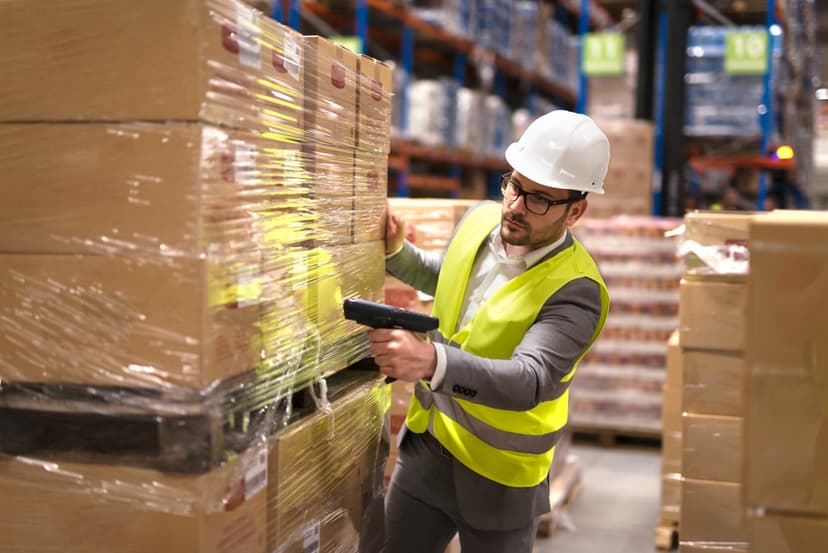 A man wraps goods in a warehouse